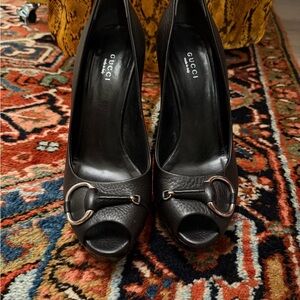 Gucci Black Leather Peep-Toe Heels